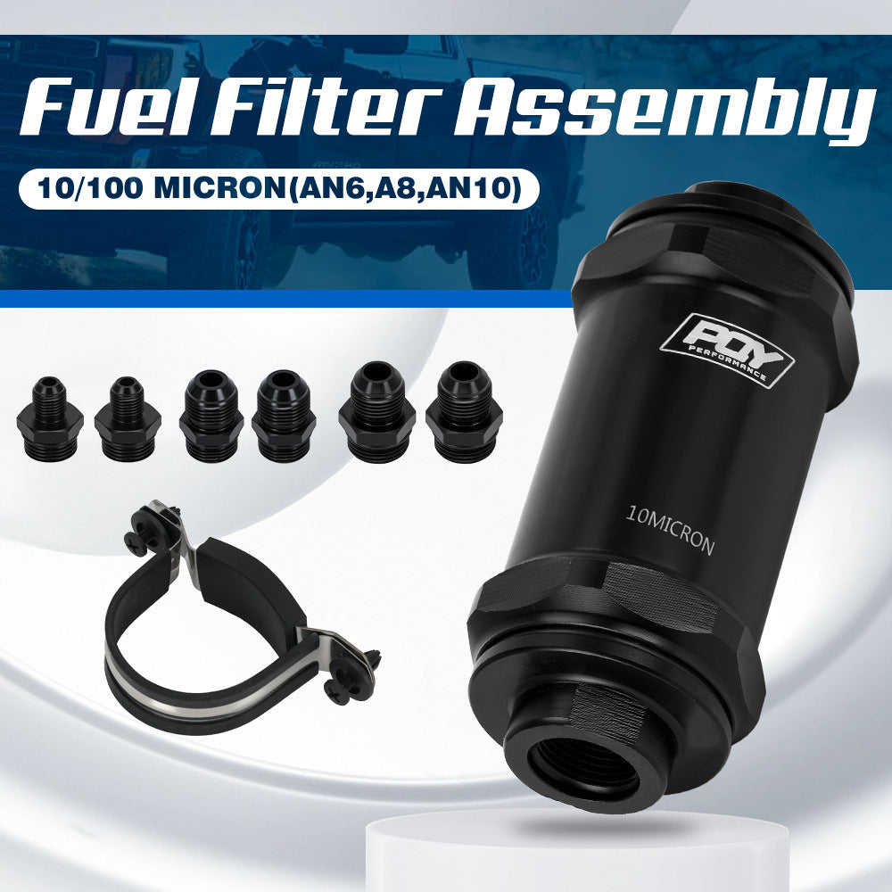 Universal high-flow inline fuel filter 100 micron black aluminum housing