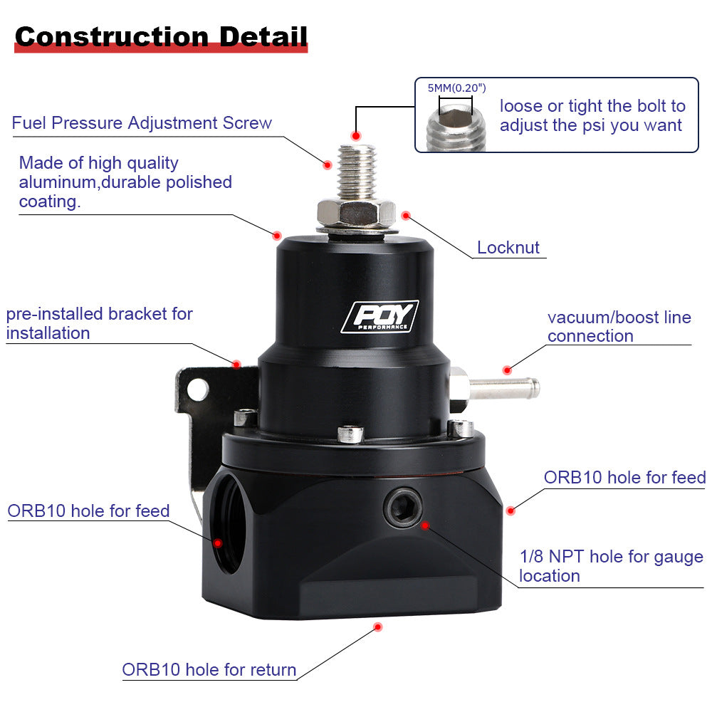 AN10 EFI fuel pressure regulator fittings and gauge kit detail